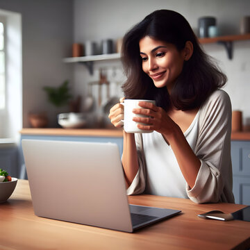 Woman Sitting at Kitchen Table with Laptop Drinking Coffee from a Mug