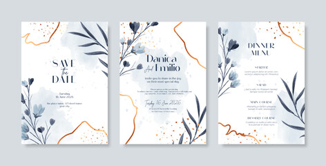 Minimalist wedding invitation with blue watercolor background texture. Beautiful and elegant wedding invitation with watercolor flower. Simple and elegant wedding card template