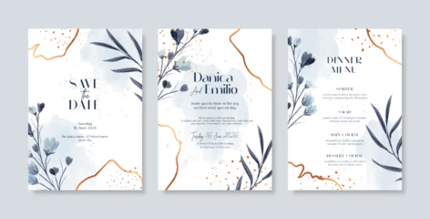 Fotobehang Minimalist wedding invitation with blue watercolor background texture. Beautiful and elegant wedding invitation with watercolor flower. Simple and elegant wedding card template © bacapola