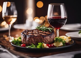 grilled red meat cooked medium rare on a white porcelain plate with a glass of red wine in a luxury restaurant

