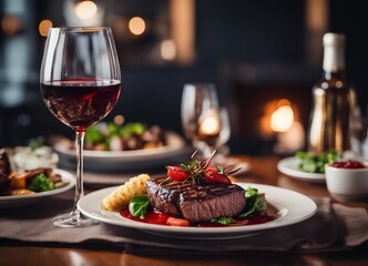grilled red meat cooked medium rare on a white porcelain plate with a glass of red wine in a luxury restaurant

