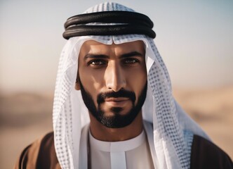 Middle aged Muslim man with a handsome face, dressed as a Saudi Arabian sheikh, photographed against a blurred background of the Dubai desert.