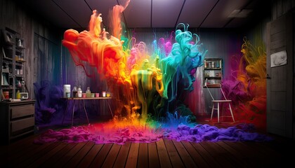 Room with rainbow colors paint explosion, Backdrop for photo studio, room background for an artist or painter photography