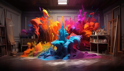 Room with rainbow colors paint explosion, Backdrop for photo studio, room background for an artist or painter photography