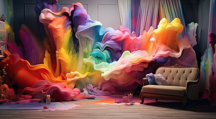 Room with rainbow colors paint explosion, Backdrop for photo studio, room background for an artist or painter photography - obrazy, fototapety, plakaty