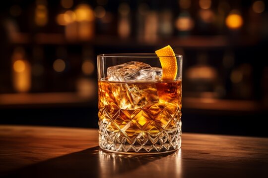 An inviting glass of Rusty Nail cocktail adorned with a lemon peel twist on a rustic bar top with a warm ambiance