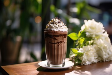 Enjoying a chilled glass of iced chocolate topped with cocoa powder on a sunny afternoon in a charming cafe