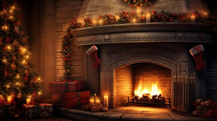A cozy fireplace adorned with stockings and garlands, spreading warmth on Christmas Eve.