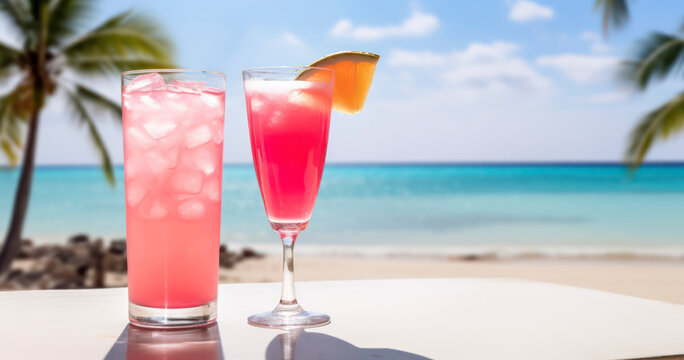 A pink cocktail in a glass against the background of a sea beach on a bright sunny day. Generative AI