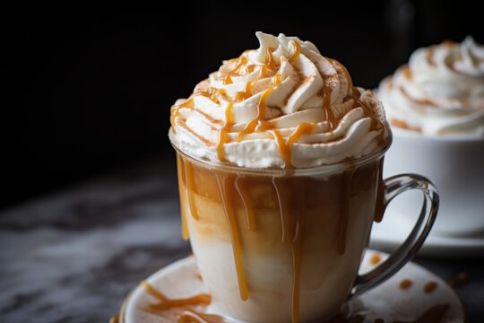 Indulge in the Sweetness of this Close-Up Shot of a Creme Brulee Latte with Whipped Cream and Caramel Drizzle