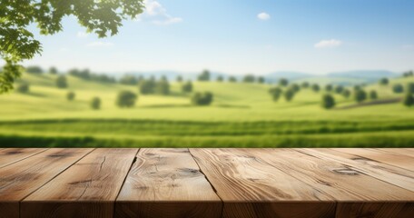 Country Charm. Unoccupied Wooden Table Highlighted by Meadow Vistas. Concept of blank space for advertising product. Generative AI