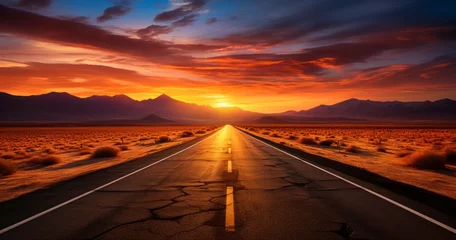 Fotobehang Straight forward road trip travel leading to sunset with the desert on the left and right and future vision concept, Generative AI © Kingboy