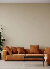 Beige orange minimalist stylish living room. Lounge area sofa terracotta velor. Empty painted wall mockup as background canvas for art. Modern interior design room home or hotel, office. 3d rendering © Viktoriia Lytvyn