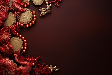 Chinese New Year border with dragon , dark red background for flat lay, generative ai