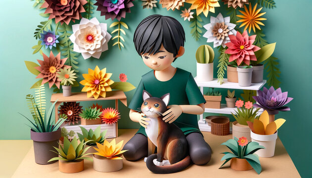 an illustration of a paper craft diorama with young boy hugging his adorable cat