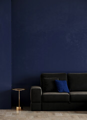 Livingroom in deep dark color accent. Trendy blue interior in a minimalist modern style with navy plaster and black sofa furniture. Empty wall for art. Mockup design loungeroom. Gold table. 3d render
