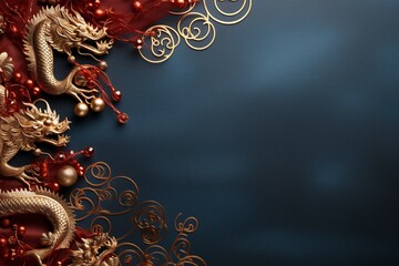 Chinese New Year border with dragon , dark red background for flat lay, generative ai - obrazy, fototapety, plakaty