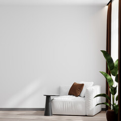 Living room with white empty walls - light mockup for canvas art. Accent brown pillow and curtain details. Scandinavian modern minimal interior design lounge livingroom home or office. 3d rendering