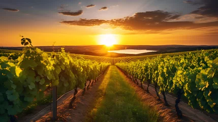 Fotobehang Picturesque vineyard at sunset, rows of neatly pruned grapevines bathed in golden light, promising the fruits of labor. Generative Ai.NO.04 © ZWDQ