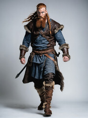 Ai generated image of a fantasy Viking style warrior with red long hair and a long beard, isolated on a bright background. 