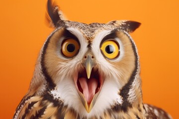 Studio portrait of shocked owl with surprised eyes