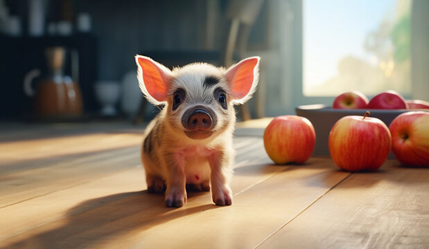 Little White Black Mini Pig, Cute Little Pet Sitting on Floor At Kitchen. Taking Care Of Adorable Piglet. Happy Baby Animal. AI Generated. Horizontal