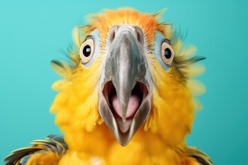 Studio portrait of shocked parrot with surprised eyes