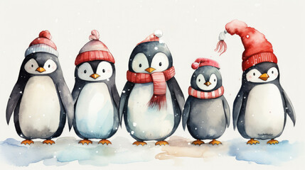 Fototapeta premium Watercolor penguins in winter attire preparing for the festive season. Perfect for Christmas cards or holiday decorations. 