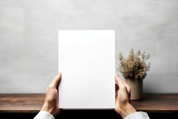 Hand holding white blank paper sheet mockup, isolated. Arm in shirt hold clear brochure template mock up. Leaflet document surface design. Simple pure print display show. generative ai.