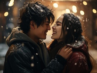 Amidst a snowfall, a young couple shares a joyful moment, with their foreheads close and laughter evident on their faces.