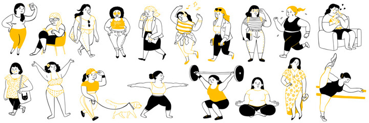 Various cute character of plus-size or overweight women, in concept of happy, joyful, confident, healthy, exercise, relax and hobby. Outline, thin line art, hand drawn sketch. 