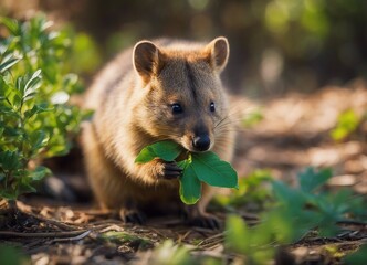 Obraz premium portrait of happy Quokka eating green leaves at the nature 