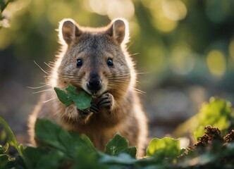 Obraz premium portrait of happy Quokka eating green leaves at the nature 