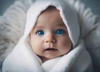 portrait of three month old baby with dark blue eyes wrapped in a white towel

