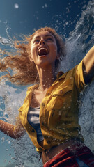 Young woman splashing water on blue sky background. Water splash. generativa IA