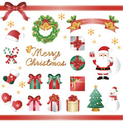 Fototapeta premium クリスマス あしらい 飾り アイコン プレゼント サンタ ツリー リース リボン イラストセット