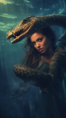 Beautiful woman with a snake in her hands. Fantasy theme. generativa IA
