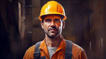 Portrait of a construction worker. Male builder in yellow helmet. Warehouse worker in uniform. Colorful background. Created using AI generation - obrazy, fototapety, plakaty