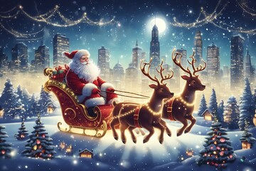 Santa Claus riding a sleigh pulled by reindeers against snowy landscape - obrazy, fototapety, plakaty