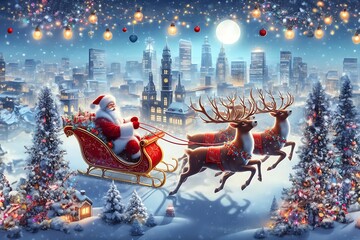 Santa Claus rides on a sleigh with reindeers against the background of the night city.