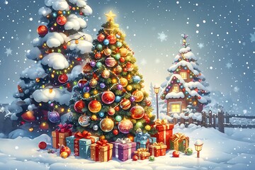 Christmas tree with gifts and snowflakes on a background of winter landscape