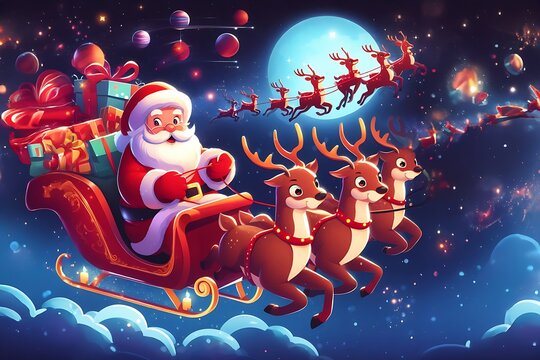 Santa Claus with reindeers in the night sky. Vector illustration.