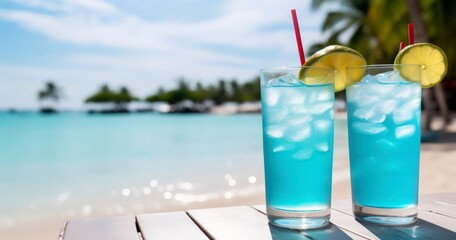A Refreshing Blue Cocktail Awaits on a Crisp White Table, Set Against the Mesmerizing Dance of Sunlight on Ocean Waves. Generative AI - obrazy, fototapety, plakaty