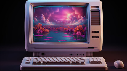 Nostalgic Journey: 90s Computer in Retrowave Aesthetics