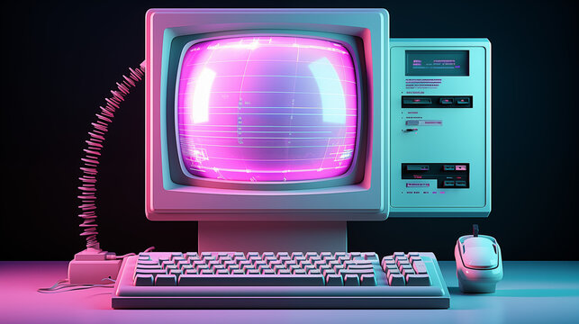 Nostalgic Journey: 90s Computer in Retrowave Aesthetics