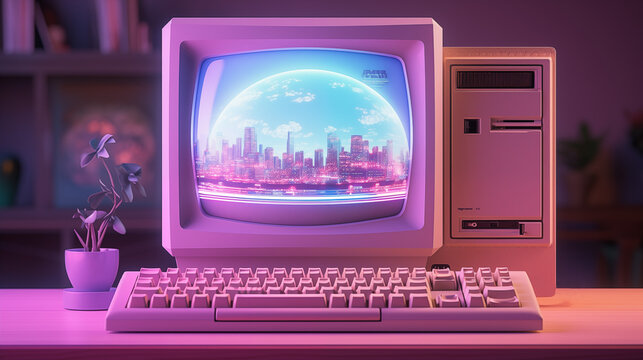 Nostalgic Journey: 90s Computer in Retrowave Aesthetics