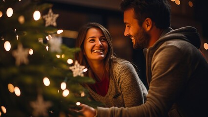 Couple smiling by Christmas tree