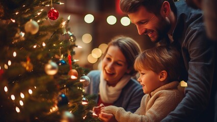 family admiring Christmas tree