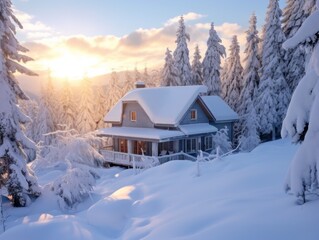 Bright winter landscape. Snow covered trees in the forest. Nature outdoor scene