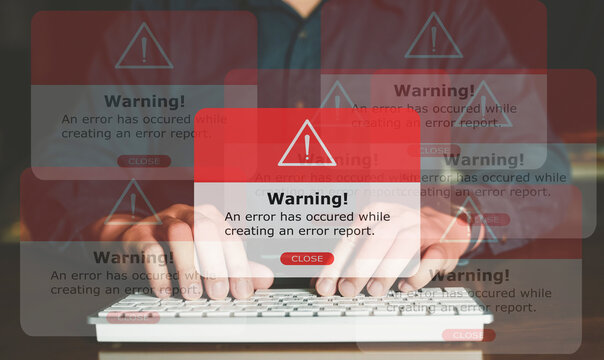 Error warning alert popup, Alarm report on screen, virus detection, Error program, Cyber Security on visual screen.